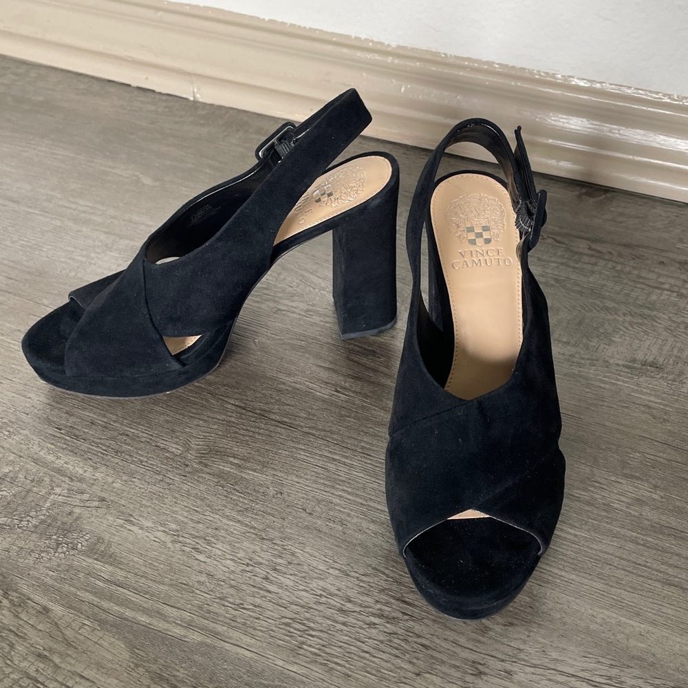 Vince Camuto Black Suede Block Heel Slingback Heels 7.5
